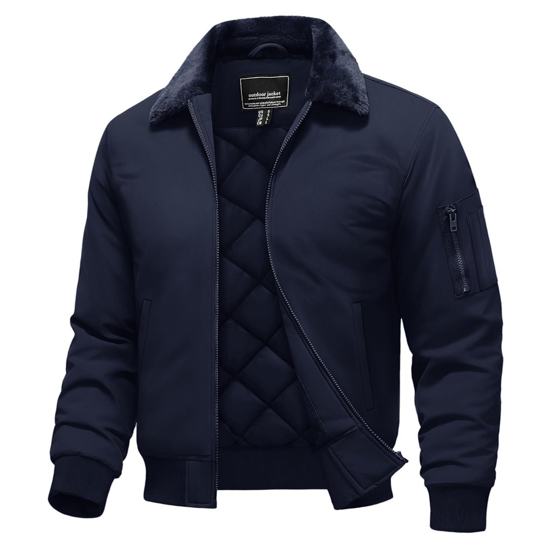 TACVASEN Navy Casual Fleece Waterproof Bomber Jacket with Fur