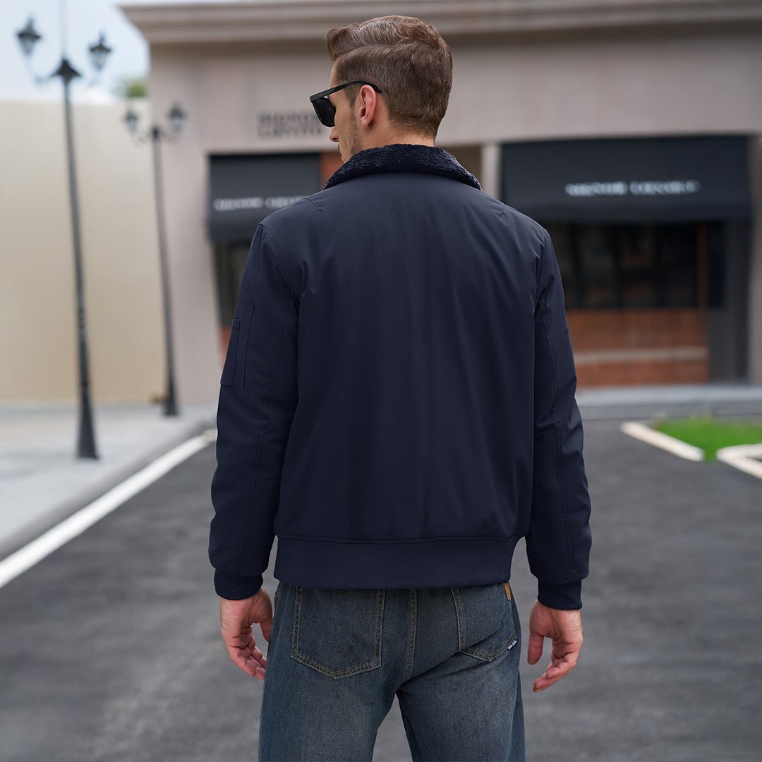 TACVASEN Navy Casual Fleece Waterproof Bomber Jacket with Fur