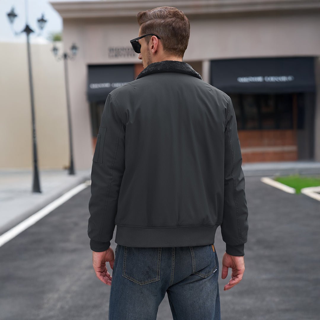 TACVASEN Dark Grey Casual Fleece Waterproof Bomber Jacket with Fur