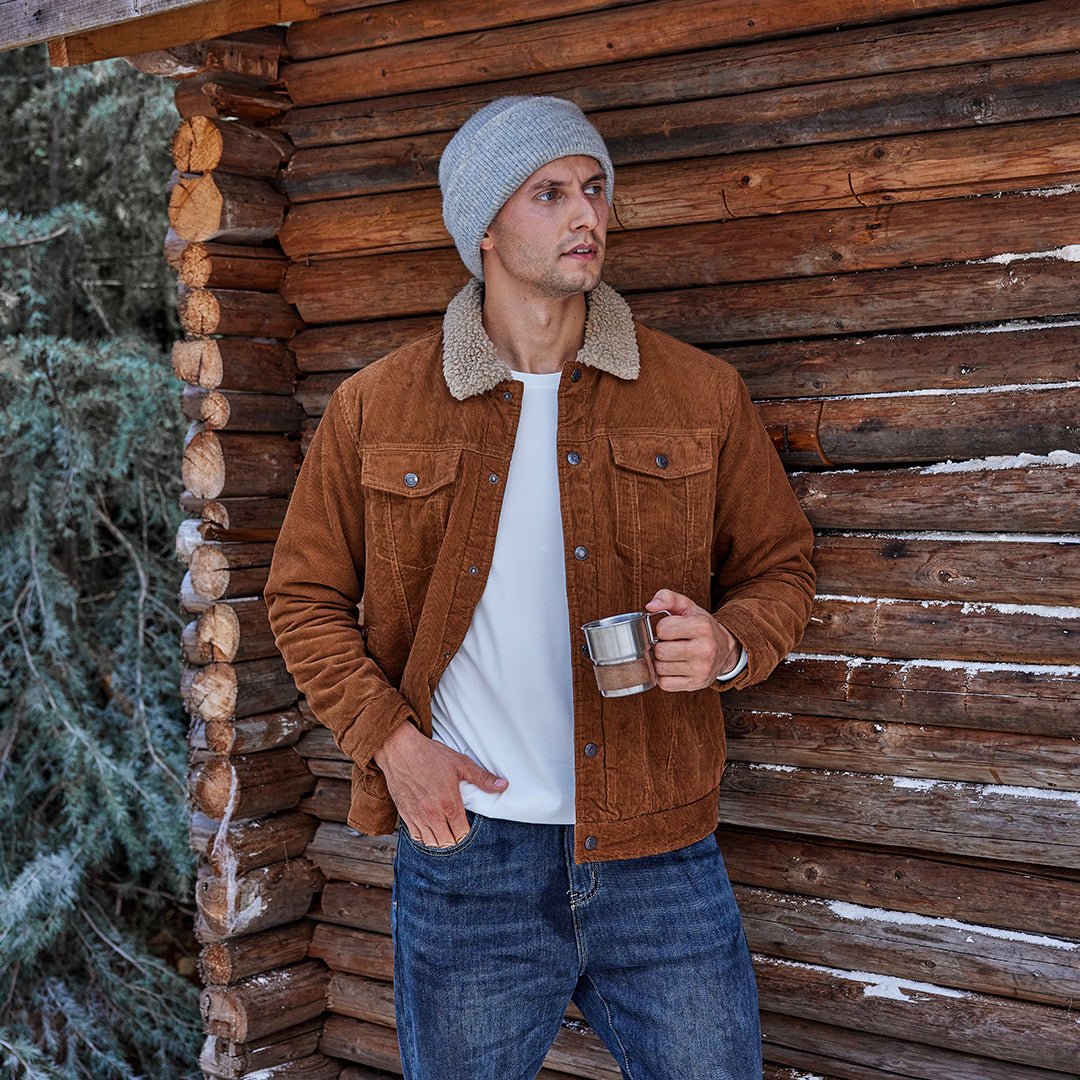 TACVASEN Black Men's Corduroy Jacket Sherpa Lined Warm Winter Coat Cargo Jacket