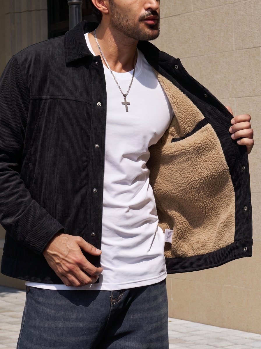 TACVASEN Black Men's Corduroy Warm Winter Jacket With Multi Pockets