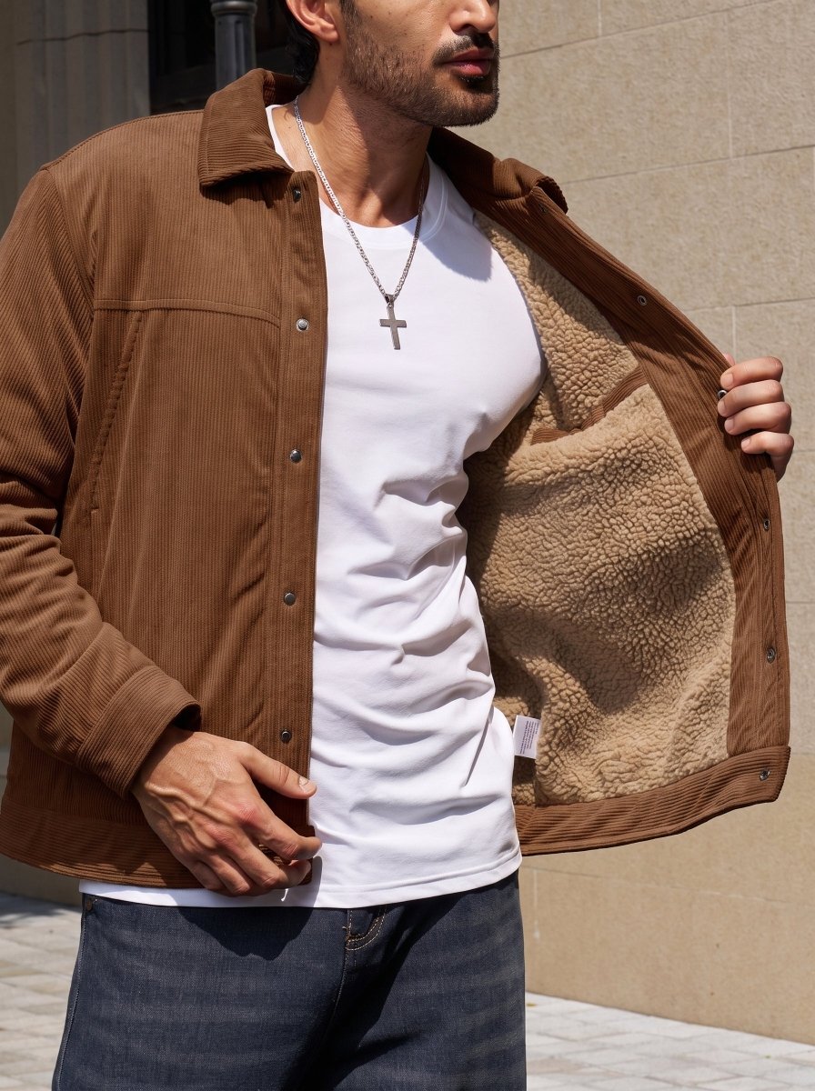 TACVASEN Dark Brown Men's Corduroy Warm Winter Jacket With Multi Pockets