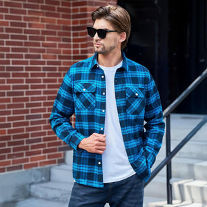 TACVASEN Blue White Men's Cotton Flannel Shirt Plaid Lightweight Jacket