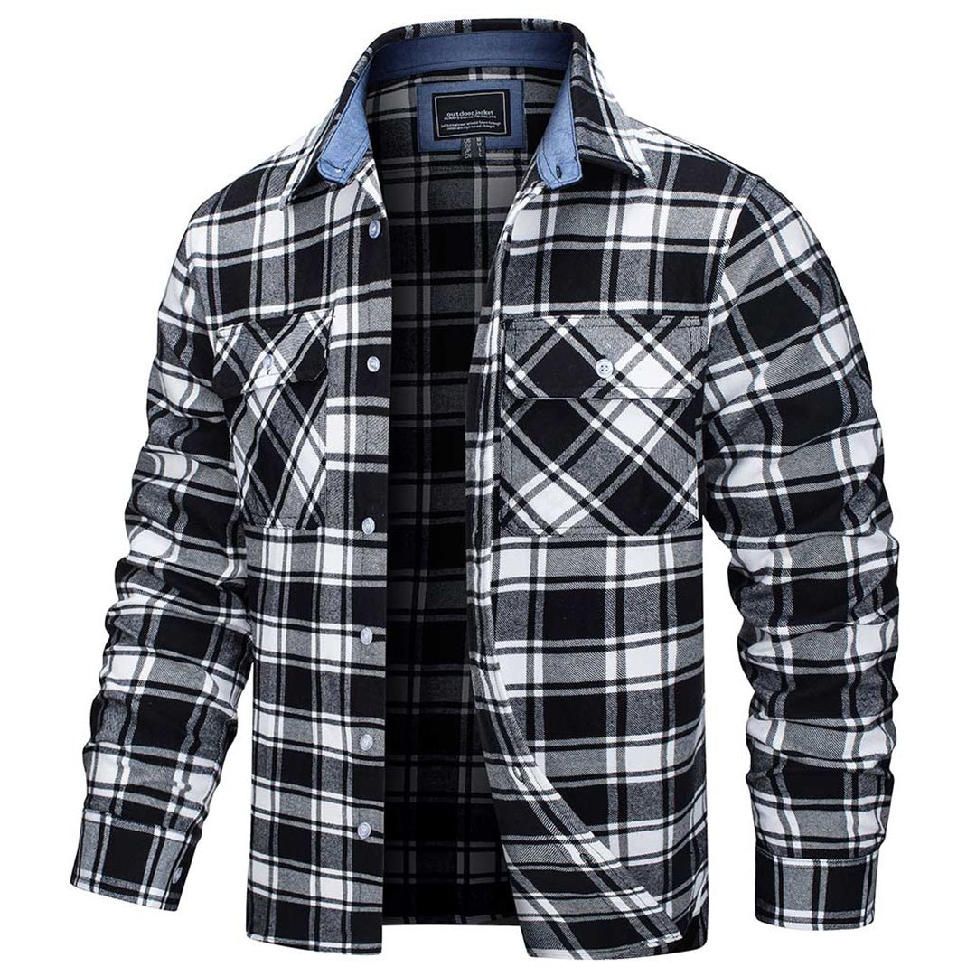 TACVASEN Black White Men's Cotton Flannel Shirt Plaid Lightweight Jacket