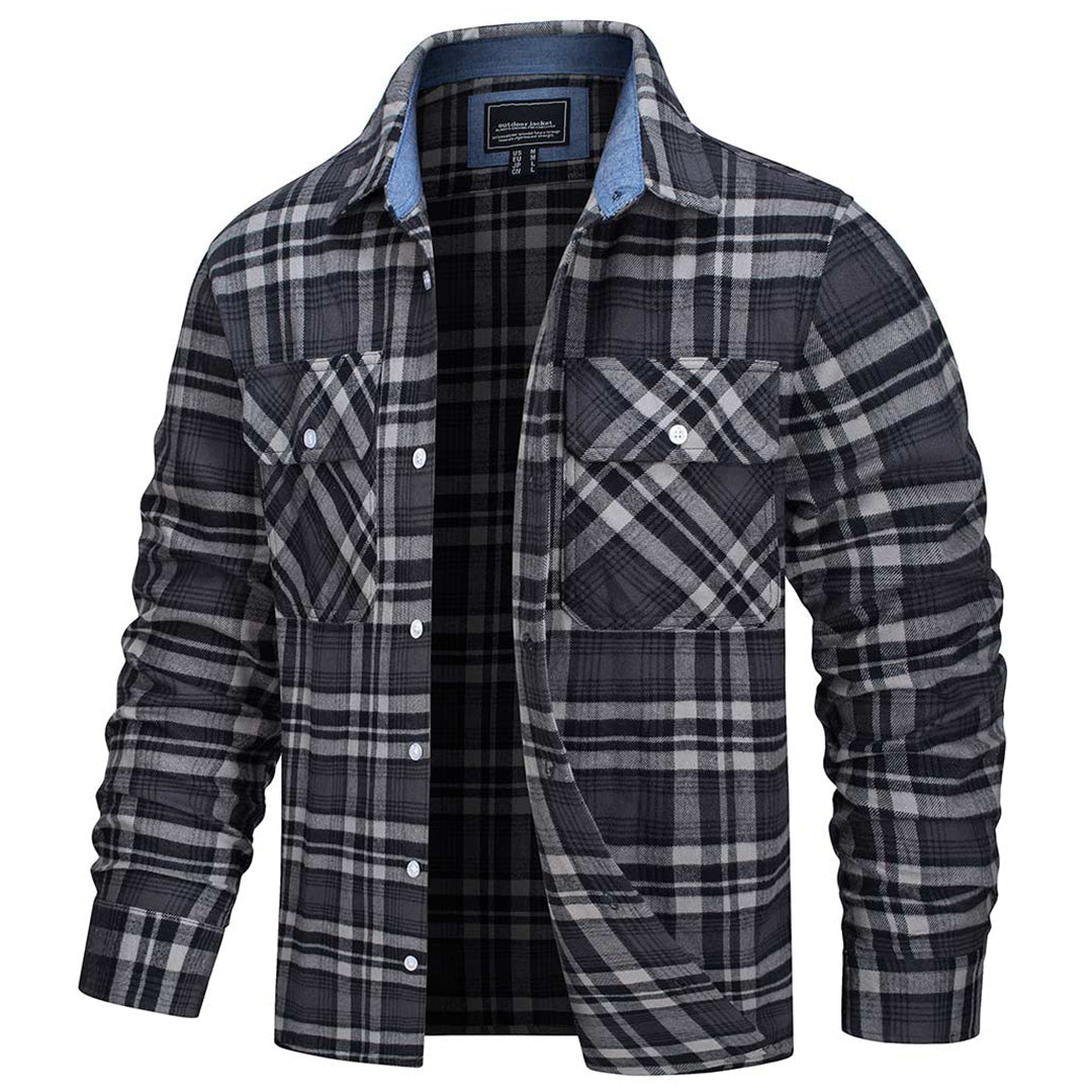 TACVASEN Black Grey Men's Cotton Flannel Shirt Plaid Lightweight Jacket