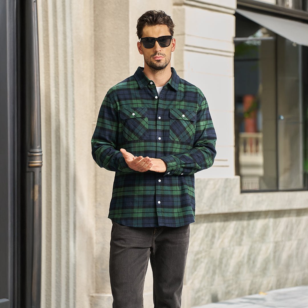TACVASEN Green Men's Cotton Flannel Shirt Plaid Lightweight Jacket