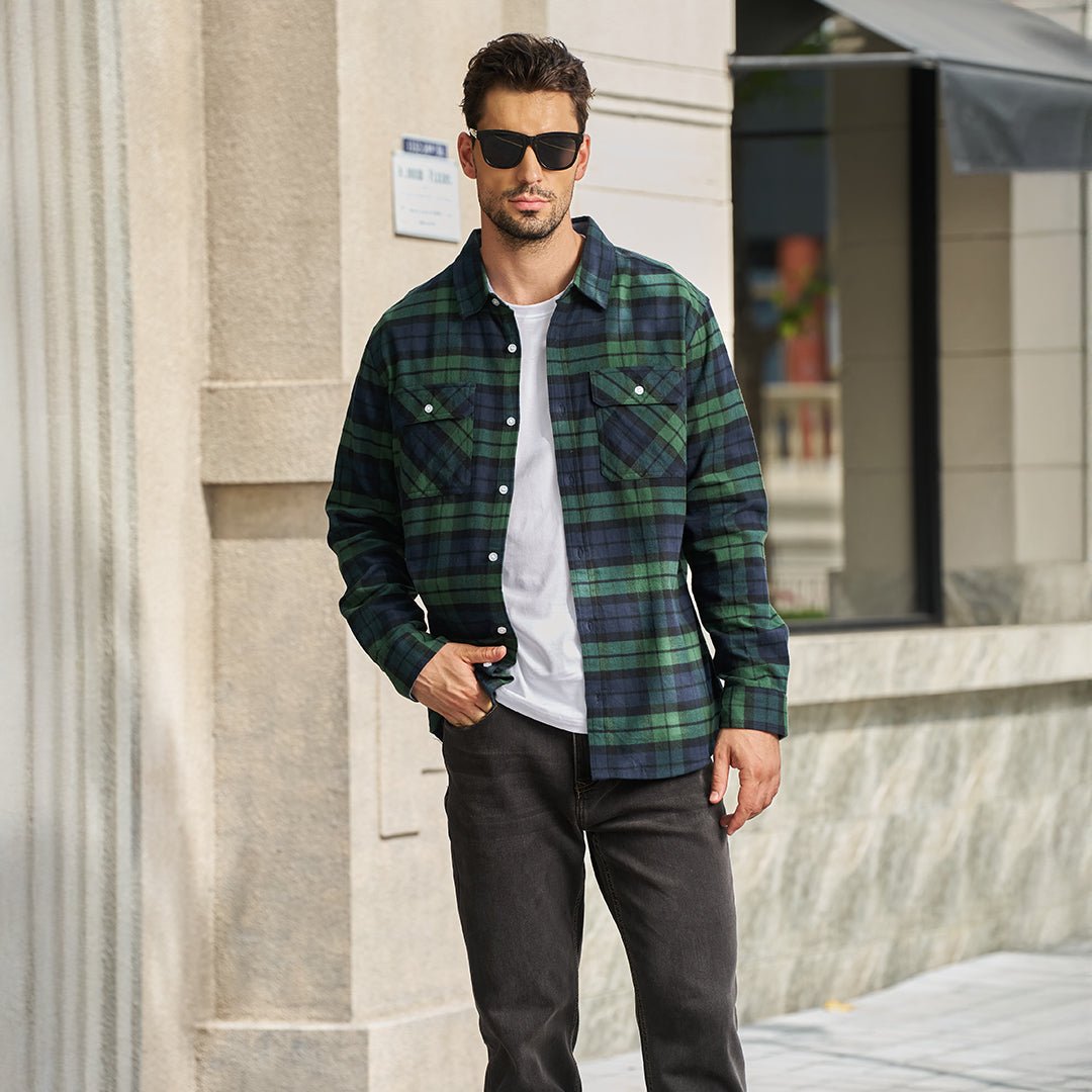 TACVASEN Green Men's Cotton Flannel Shirt Plaid Lightweight Jacket