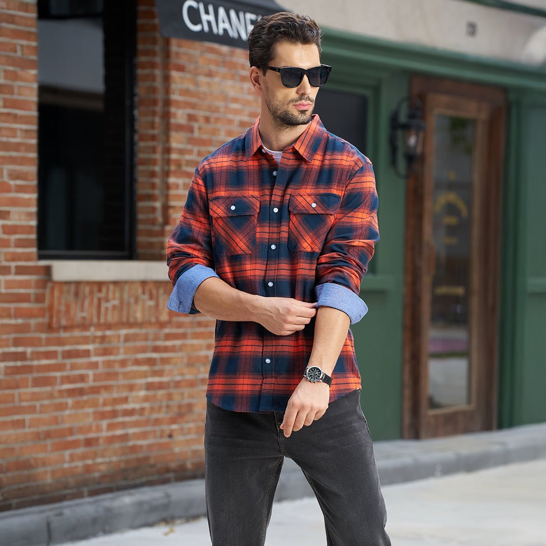 TACVASEN Orange Men's Cotton Flannel Shirt Plaid Lightweight Jacket