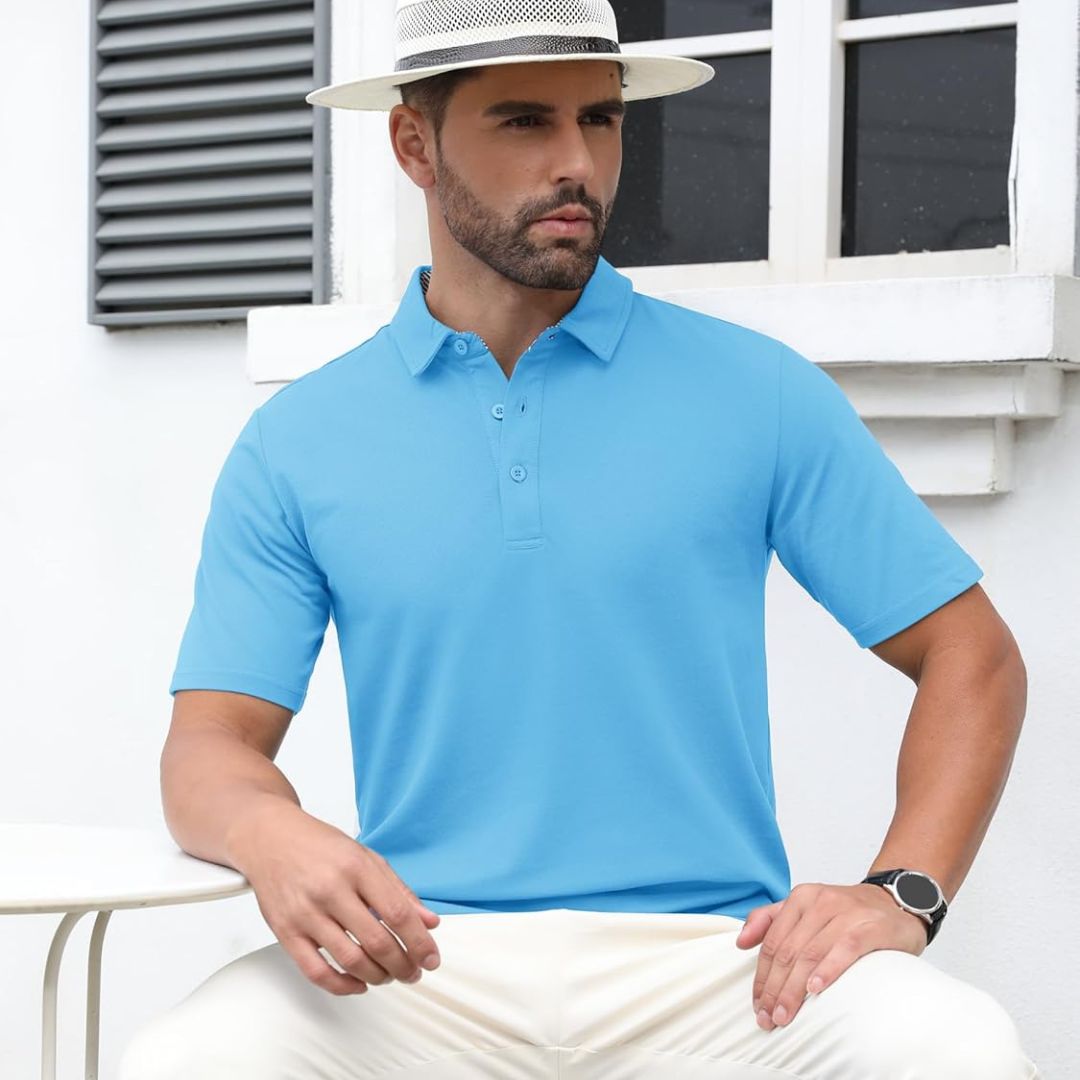 TACVASEN Sky Blue Men's Cotton Pique Short Sleeve Classic Fit Polo Shirt