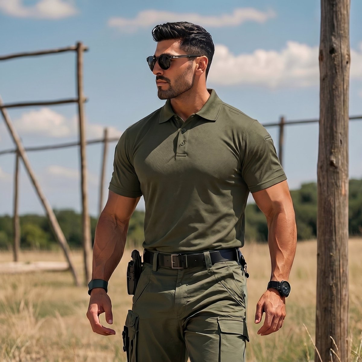 TACVASEN Army Green Men's Dry Fit UPF 50+ Golf Workwear Tactical Polo Shirt