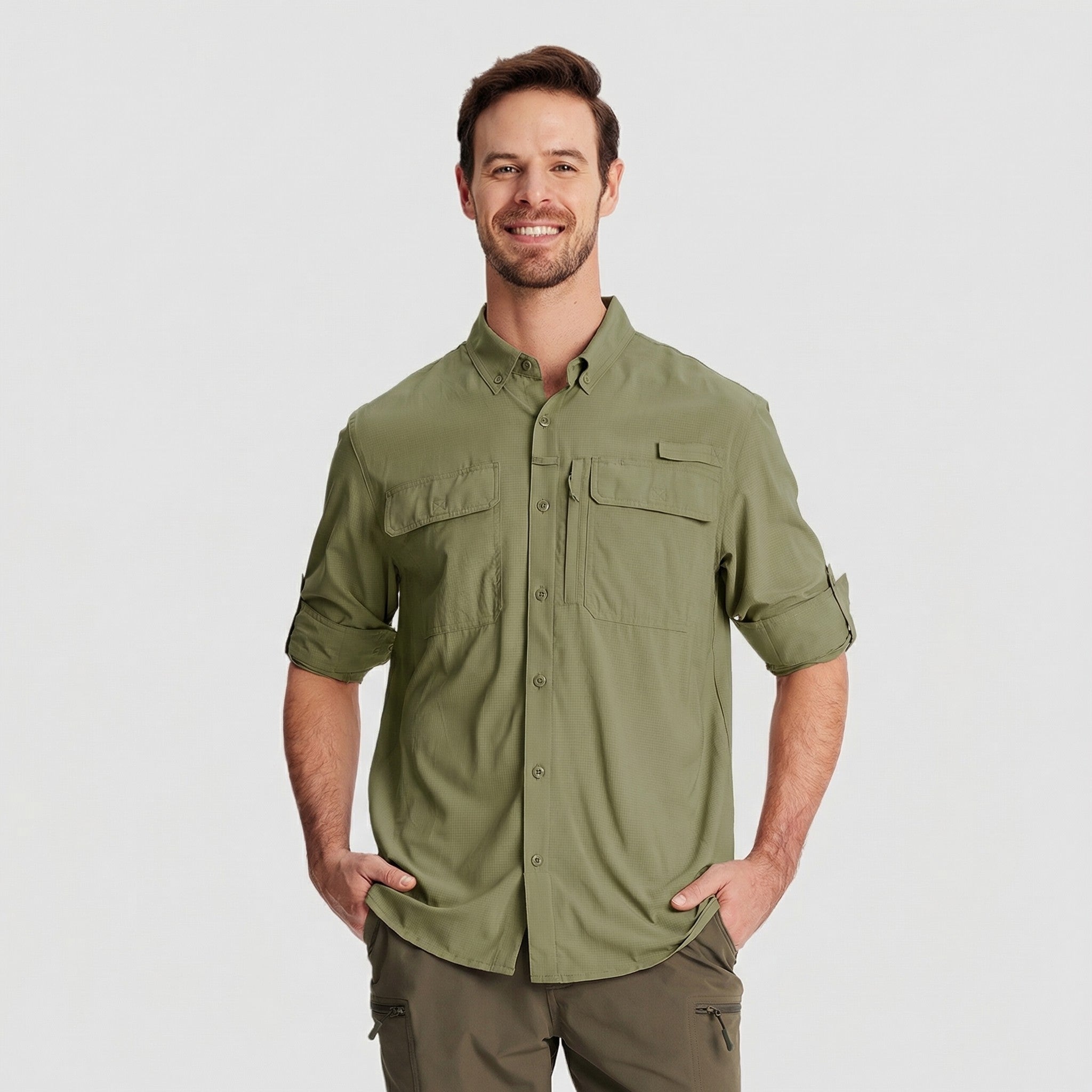 TACVASEN Grey Green Men's Fishing Shirts UPF Sun Protection Shirts with Zipper Pockets