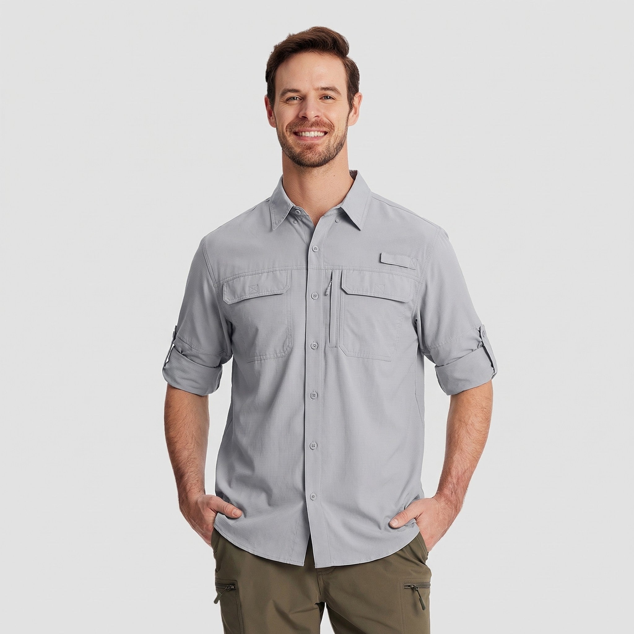 TACVASEN Light Grey Men's Fishing Shirts UPF Sun Protection Shirts with Zipper Pockets