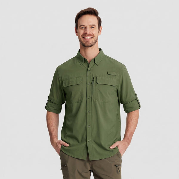 TACVASEN Army Green Men's Fishing Shirts UPF Sun Protection Shirts with Zipper Pockets