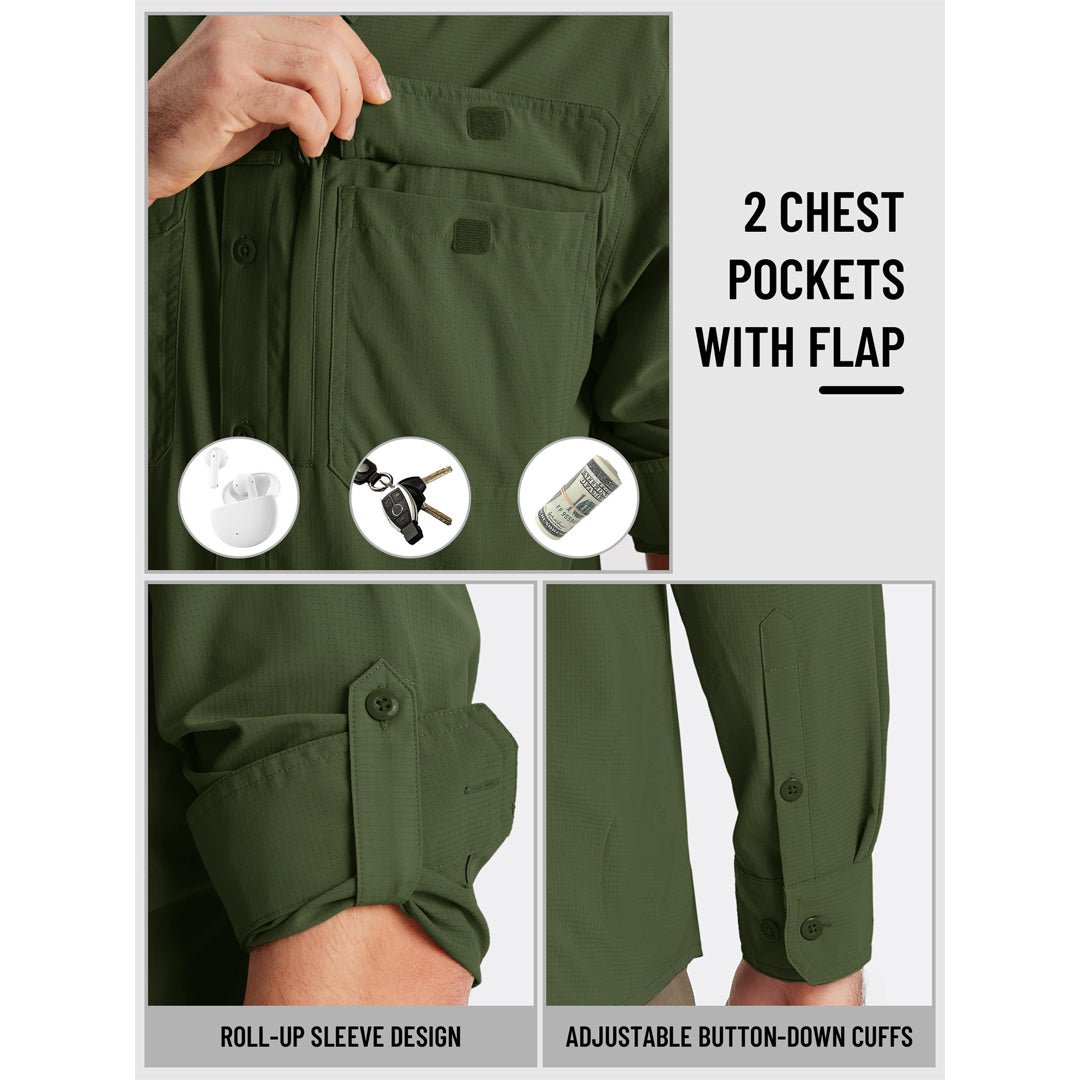TACVASEN Army Green Men's Fishing Shirts UPF Sun Protection Shirts with Zipper Pockets