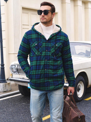 TACVASEN Green Men's Flannel Plaid Shirt Jacket With 5 Pockets