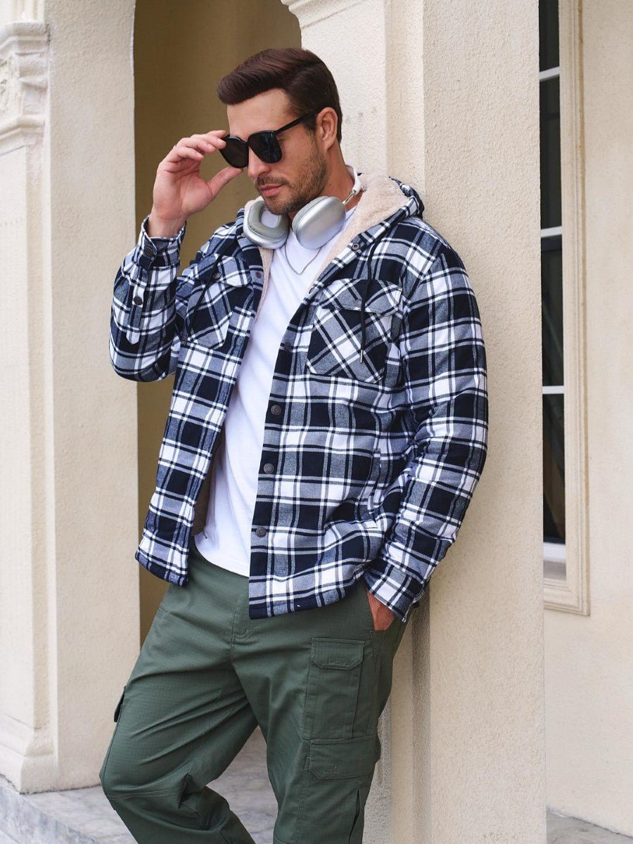 TACVASEN Black Men's Flannel Plaid Shirt Jacket With 5 Pockets