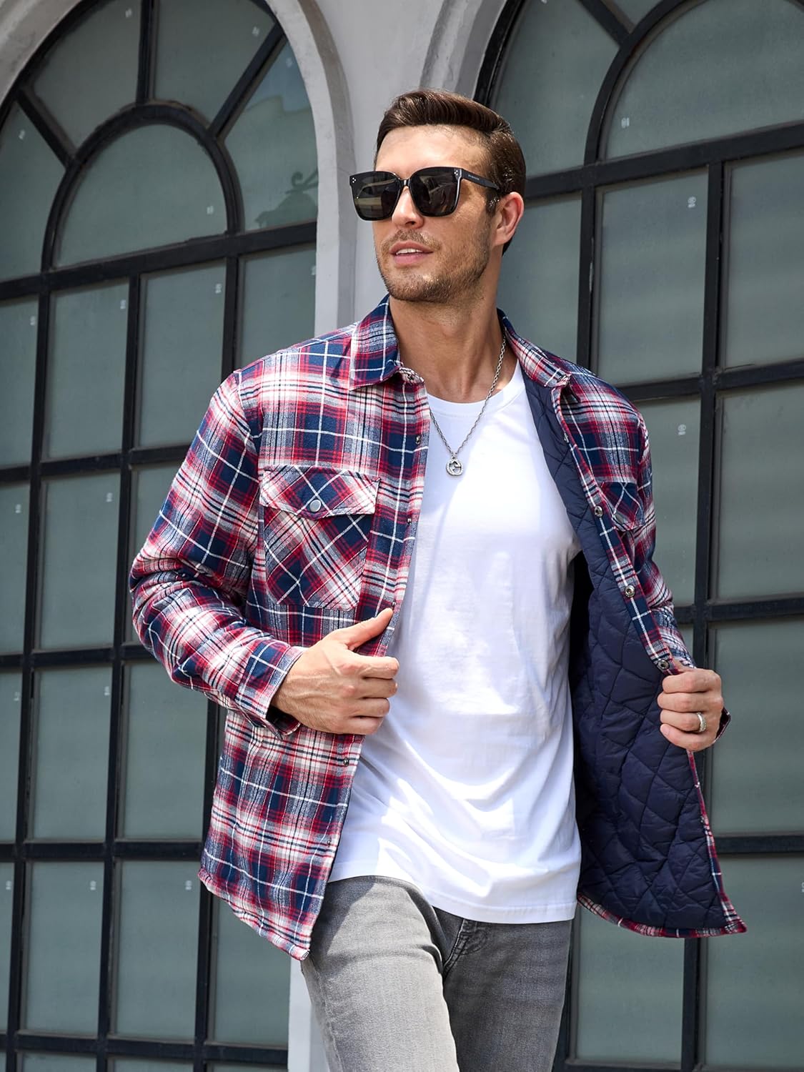 TACVASEN Red White Men's Flannel Shirt Long Sleeve Button Down Jacket