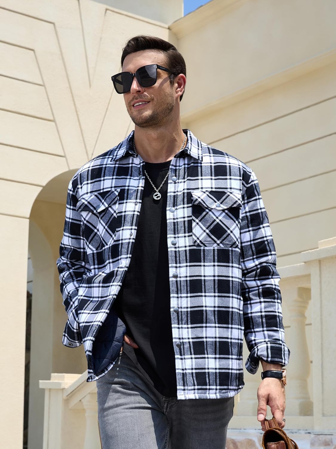 TACVASEN Black White Men's Flannel Shirt Long Sleeve Button Down Jacket