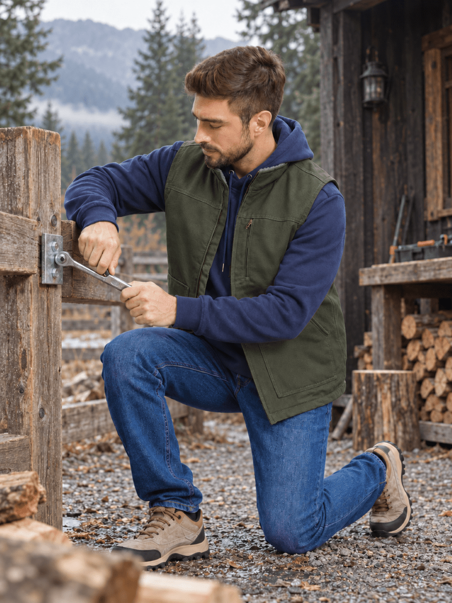 TACVASEN Army Green Men's Fleece Heavy-duty Canvas Waterproof Vest
