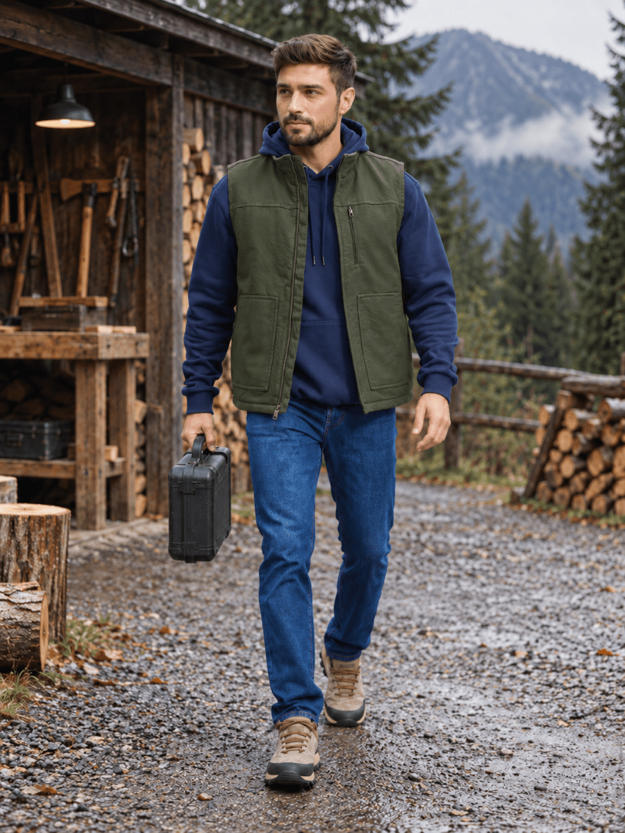 TACVASEN Army Green Men's Fleece Heavy-duty Canvas Waterproof Vest