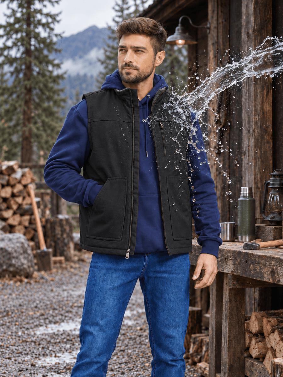 TACVASEN Black Men's Fleece Heavy-duty Canvas Waterproof Vest
