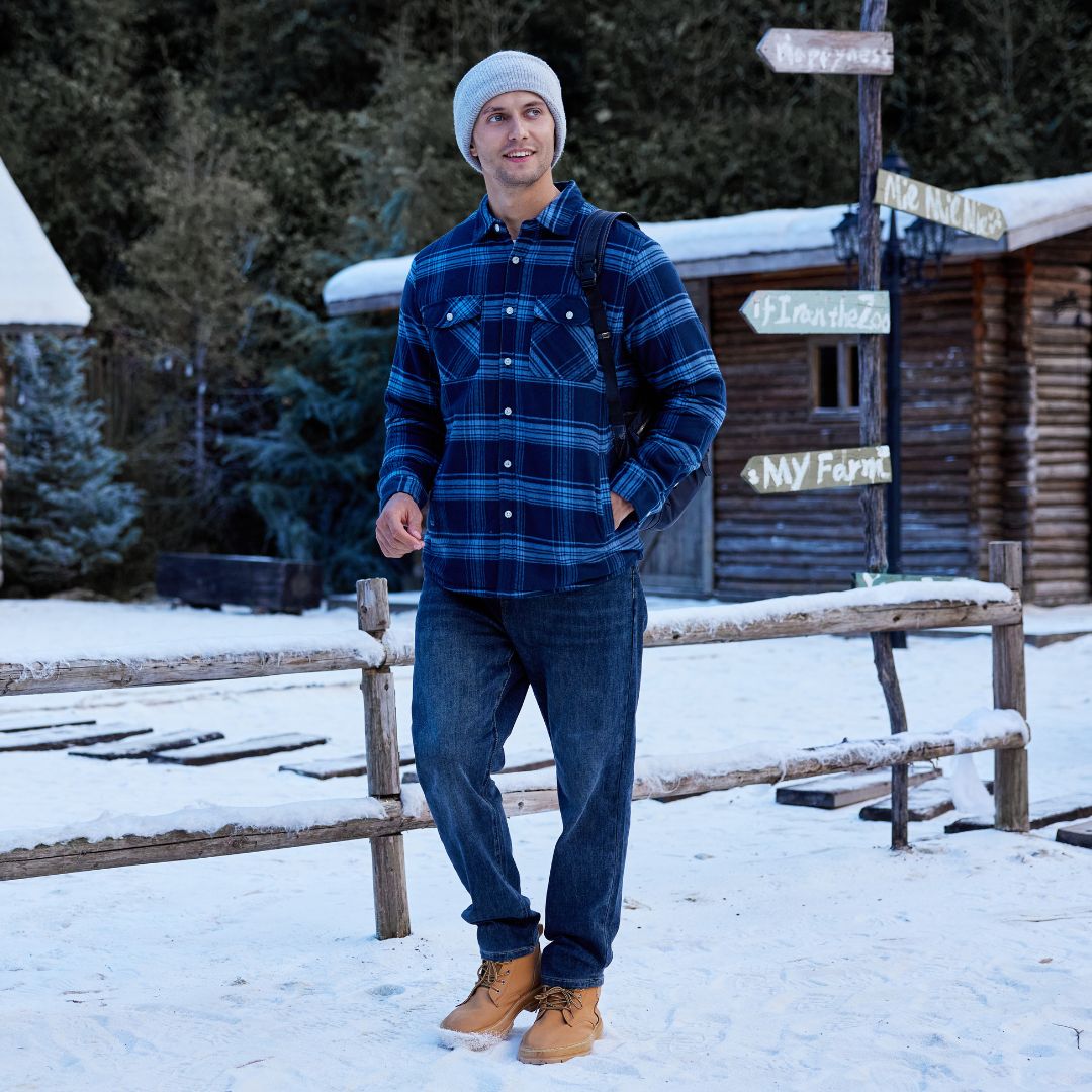 TACVASEN Grey Blue Flannel Shirt Jacket Fleece - Lined Multi Pockets