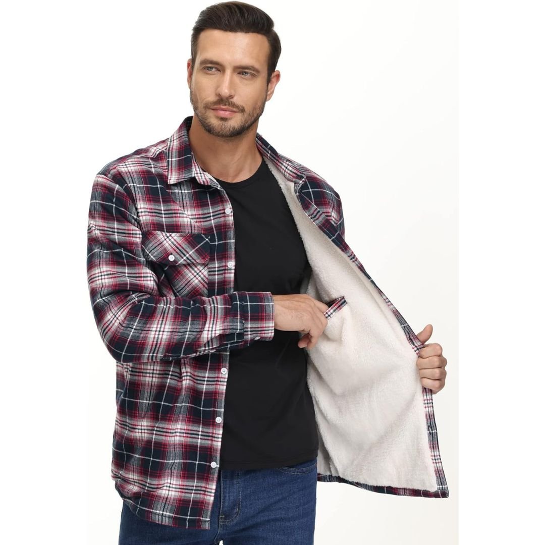 TACVASEN Red White Flannel Shirt Jacket Fleece - Lined Multi Pockets