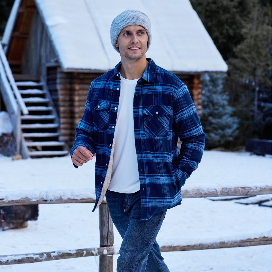 TACVASEN Grey Blue Flannel Shirt Jacket Fleece - Lined Multi Pockets