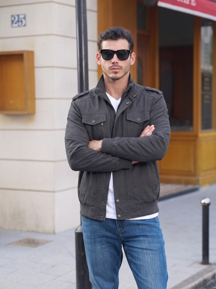 TACVASEN Dark Grey Men's Fleece Lined Cotton Casual Cargo Bomber Jacket