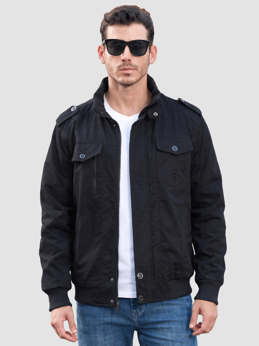 TACVASEN Black Men's Fleece Lined Cotton Casual Cargo Bomber Jacket