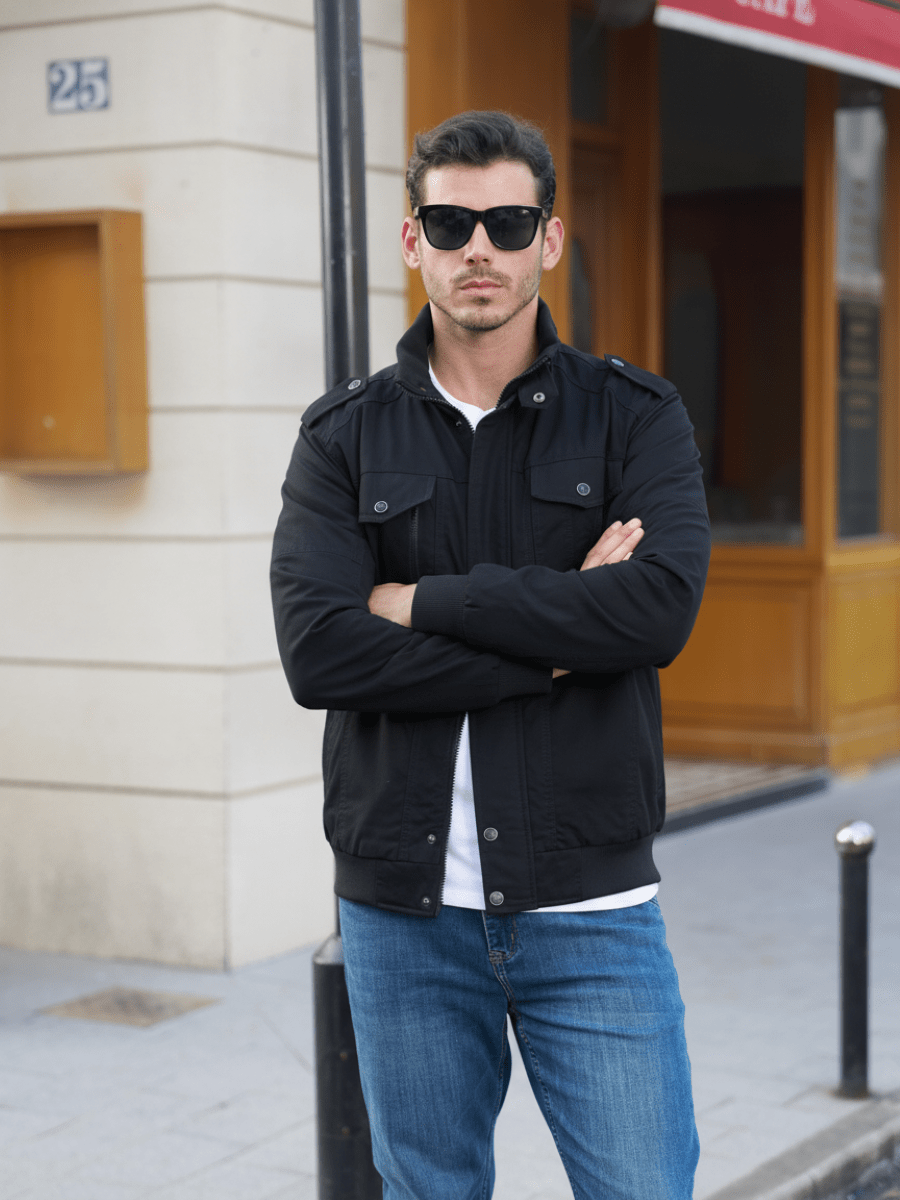 TACVASEN Black Men's Fleece Lined Cotton Casual Cargo Bomber Jacket