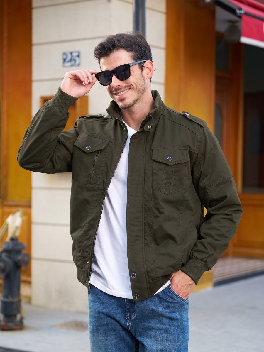 TACVASEN Army Green Men's Fleece Lined Cotton Casual Cargo Bomber Jacket