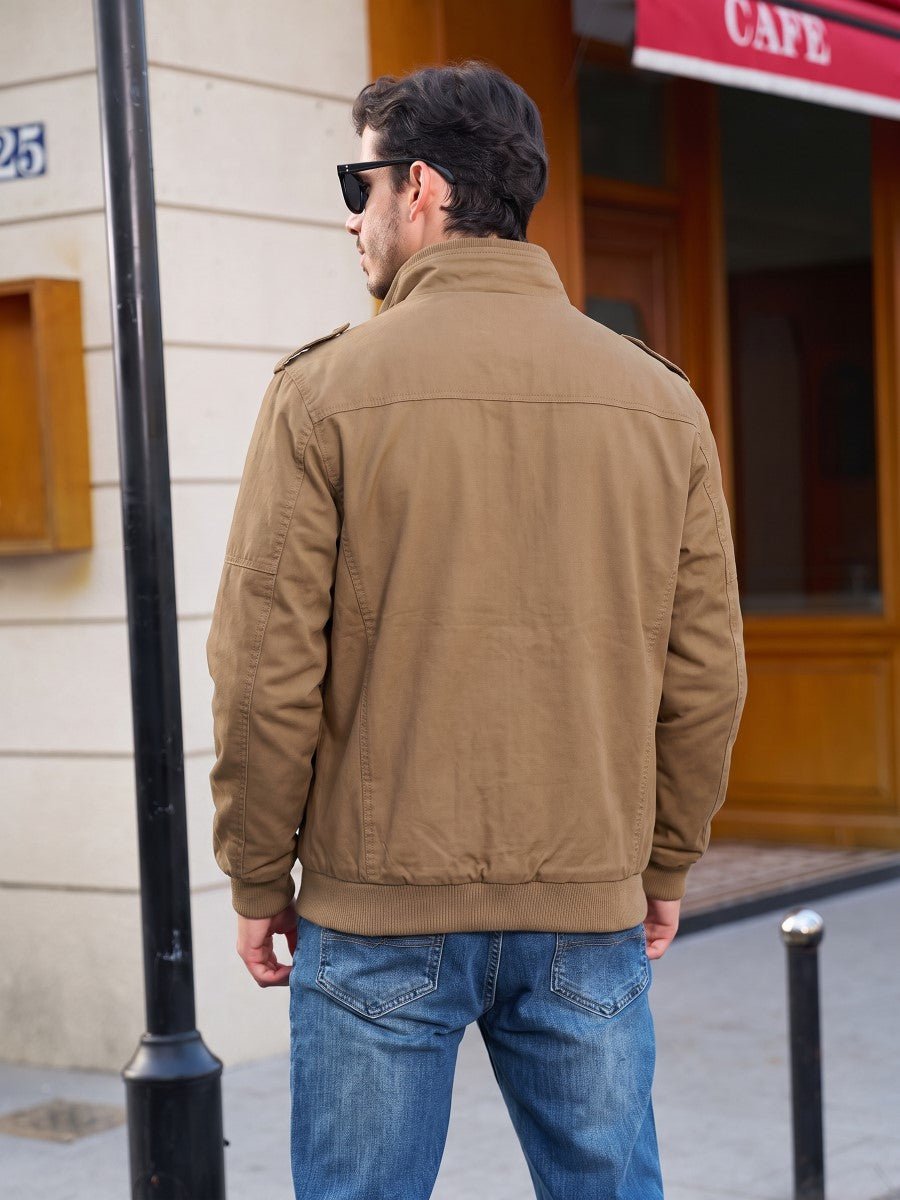 TACVASEN Khaki Men's Fleece Lined Cotton Casual Cargo Bomber Jacket