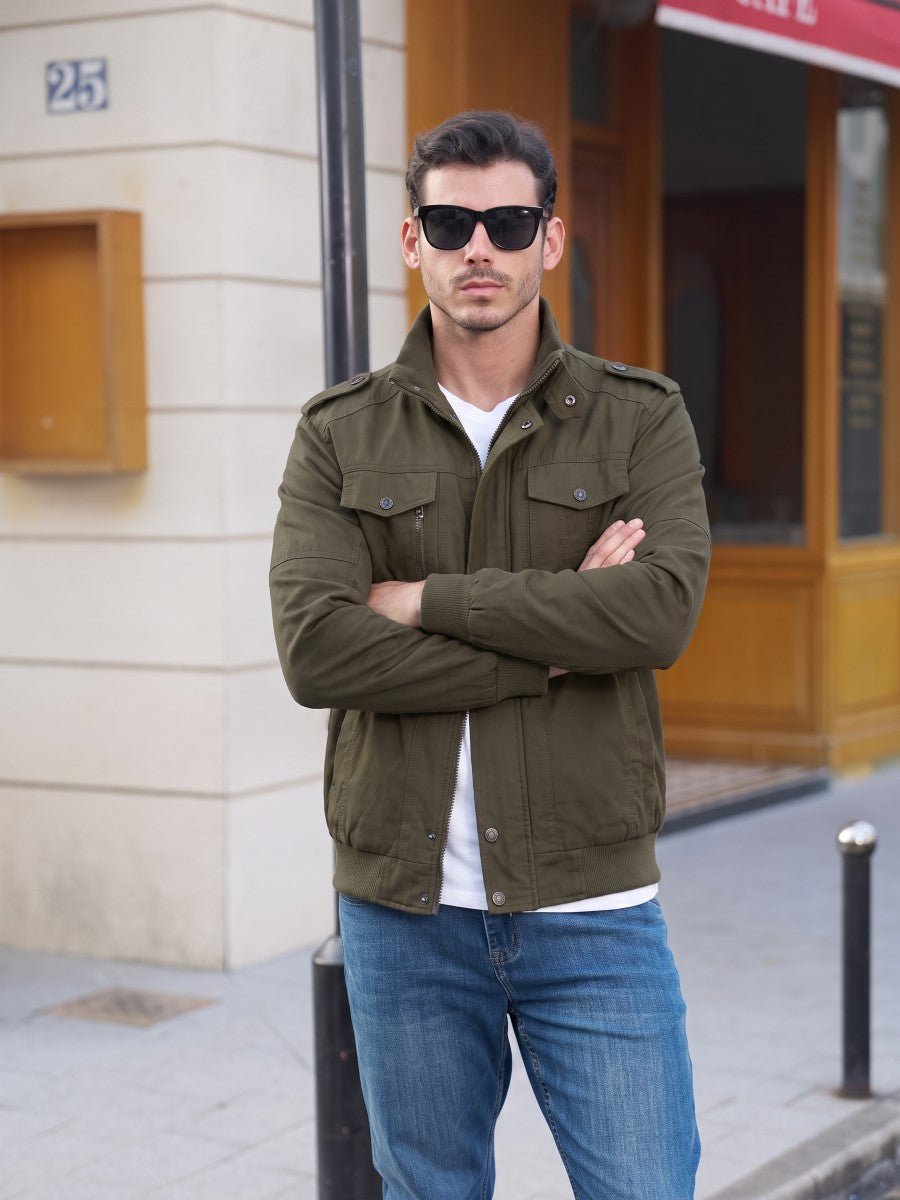 TACVASEN Army Green Men's Fleece Lined Cotton Casual Cargo Bomber Jacket