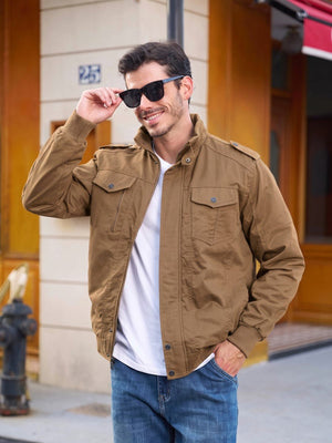 TACVASEN Khaki Men's Fleece Lined Cotton Casual Cargo Bomber Jacket