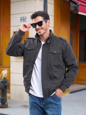 TACVASEN Dark Grey Men's Fleece Lined Cotton Casual Cargo Bomber Jacket