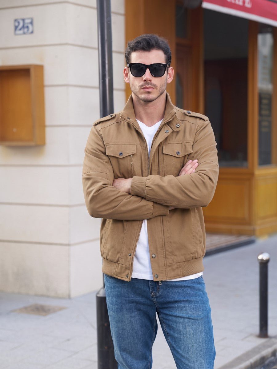 TACVASEN Khaki Men's Fleece Lined Cotton Casual Cargo Bomber Jacket
