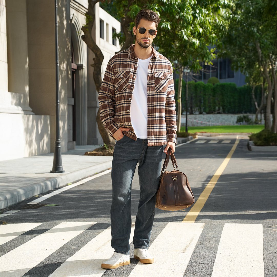 TACVASEN Grey Blue Flannel Shirt Jacket Fleece - Lined Multi Pockets
