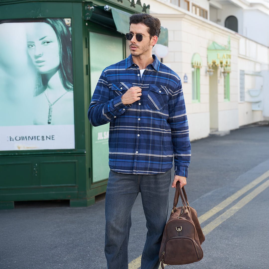 TACVASEN Grey Blue Flannel Shirt Jacket Fleece - Lined Multi Pockets