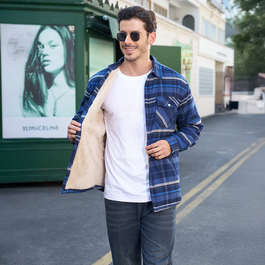 TACVASEN Grey Blue Flannel Shirt Jacket Fleece - Lined Multi Pockets