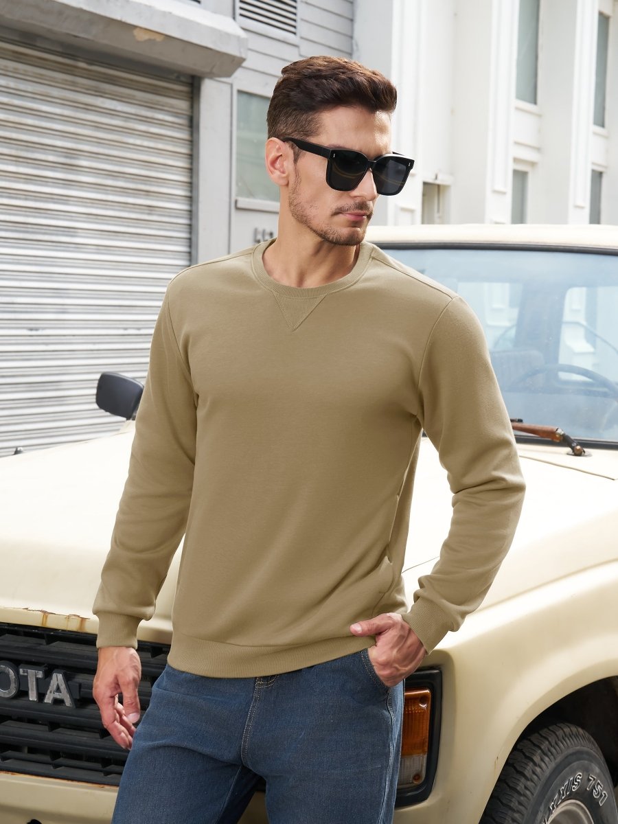 TACVASEN Khaki Men's Fleece Pullover Sweatshirt With Zipper Pockets