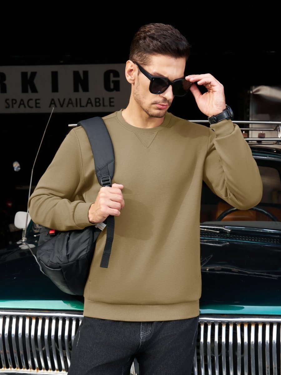 TACVASEN Khaki Men's Fleece Pullover Sweatshirt With Zipper Pockets