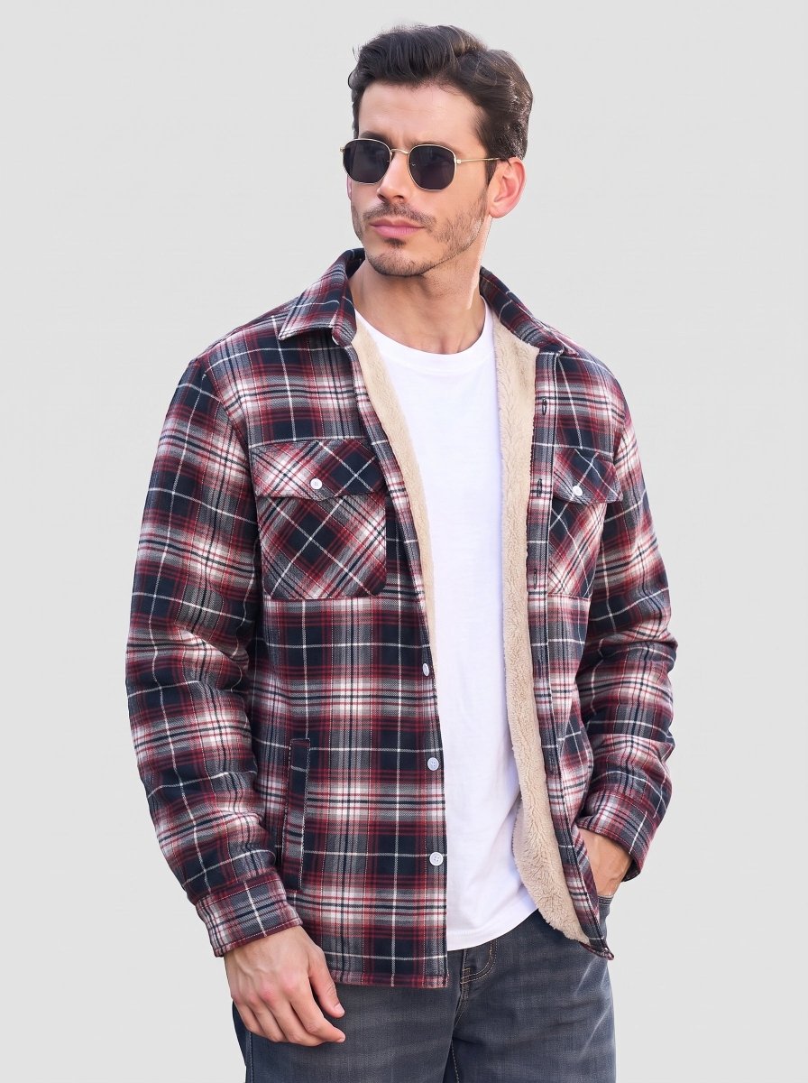 TACVASEN Red White Men's Heavyweight Casual Fleece Lined Flannel Work Jacket