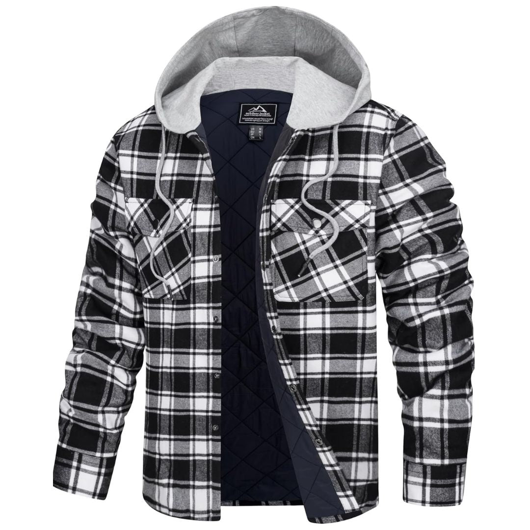 TACVASEN Black White Men's Hooded Thick Plaid Flannel Long Sleeve Winter Cotton Coat with Pockets