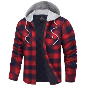 TACVASEN Navy Red Men's Hooded Thick Plaid Flannel Long Sleeve Winter Cotton Coat with Pockets