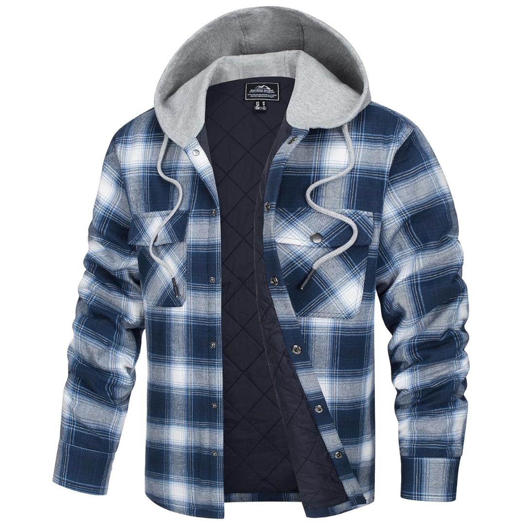 TACVASEN Blue White Men's Hooded Thick Plaid Flannel Long Sleeve Winter Cotton Coat with Pockets