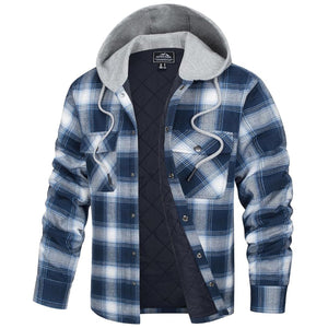 TACVASEN Blue White Men's Hooded Thick Plaid Flannel Long Sleeve Winter Cotton Coat with Pockets