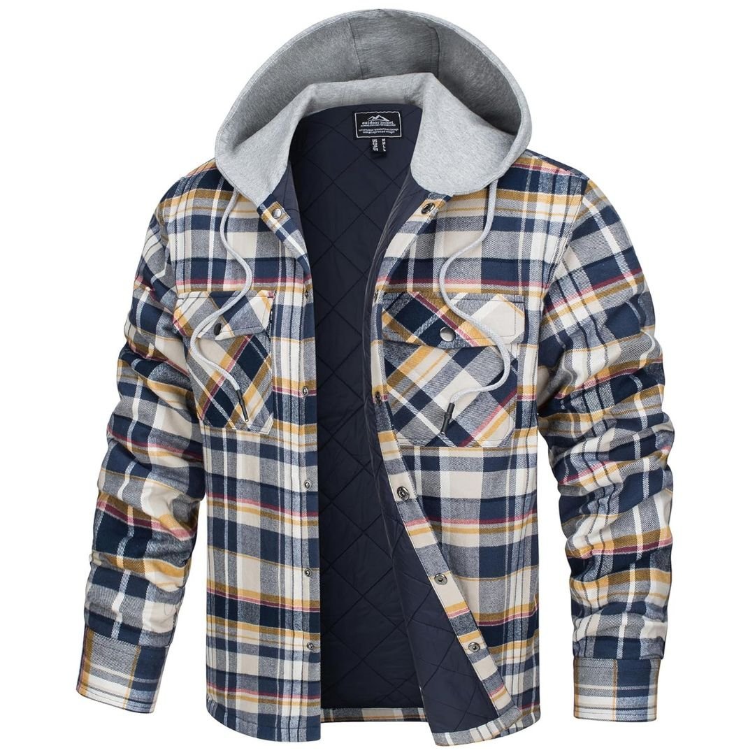 TACVASEN Yellow Men's Hooded Thick Plaid Flannel Long Sleeve Winter Cotton Coat with Pockets