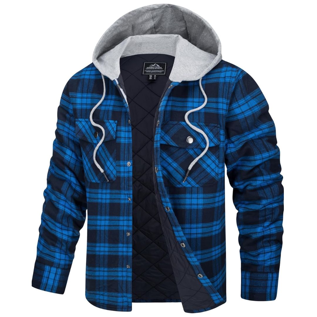 TACVASEN Blue Men's Hooded Thick Plaid Flannel Long Sleeve Winter Cotton Coat with Pockets