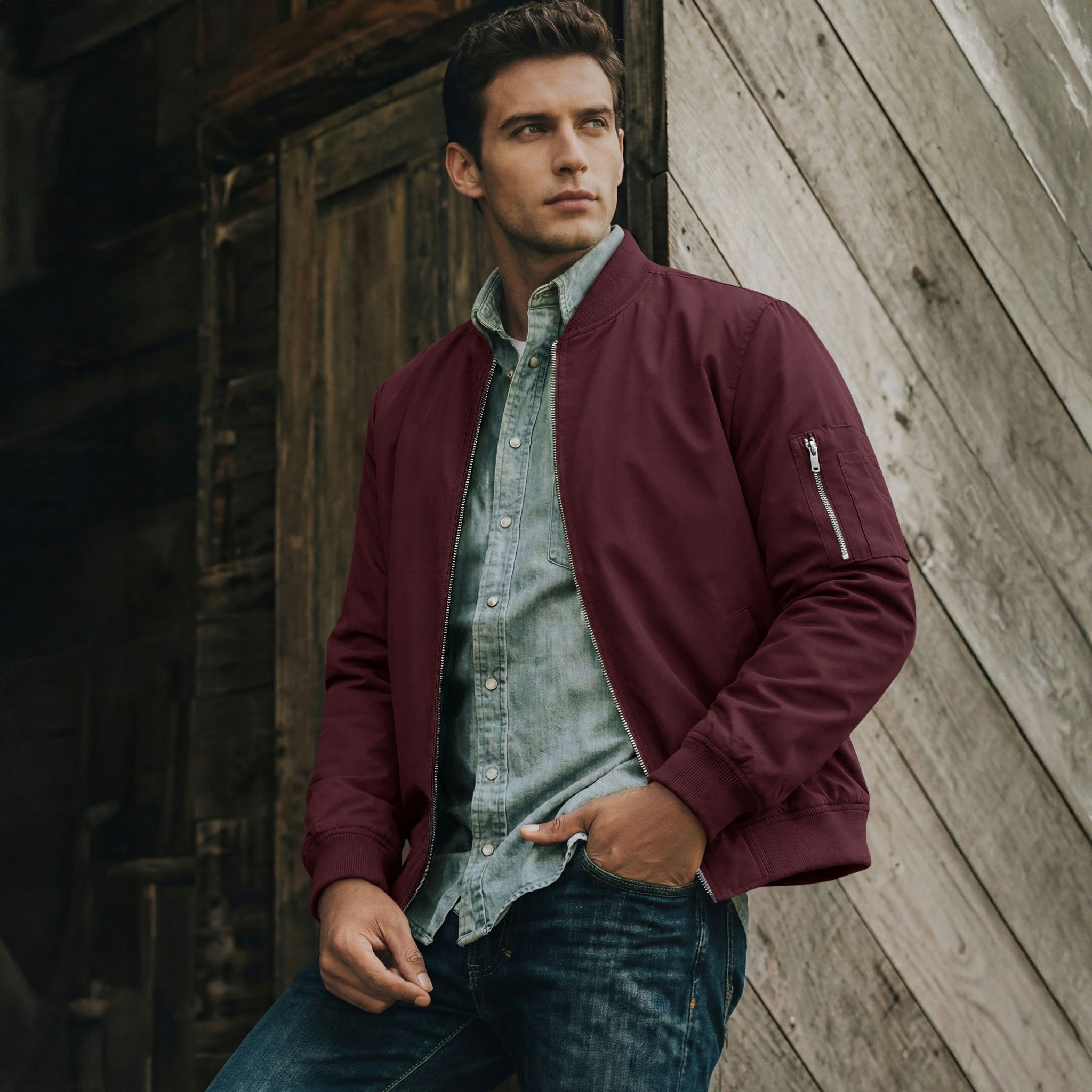 TACVASEN Wine Red Men's Lightweight Bomber Jacket Casual Windbreaker